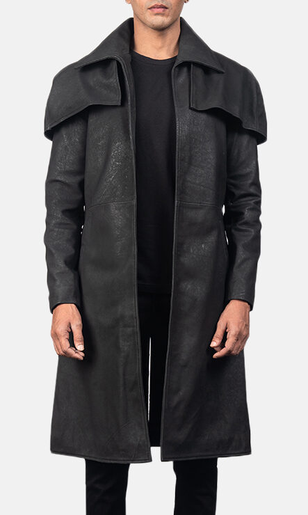 Mens Classic Distressed Black Leather Duster4410-2-1557052854185